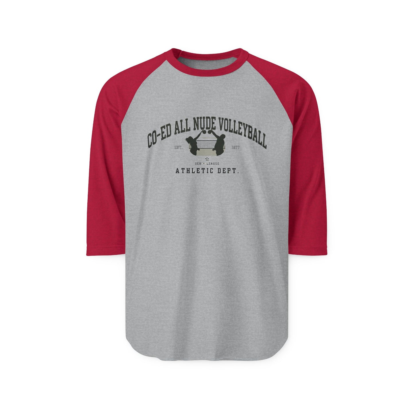 "Co-Ed All Nude Volleyball” Raglan Athletic Tee