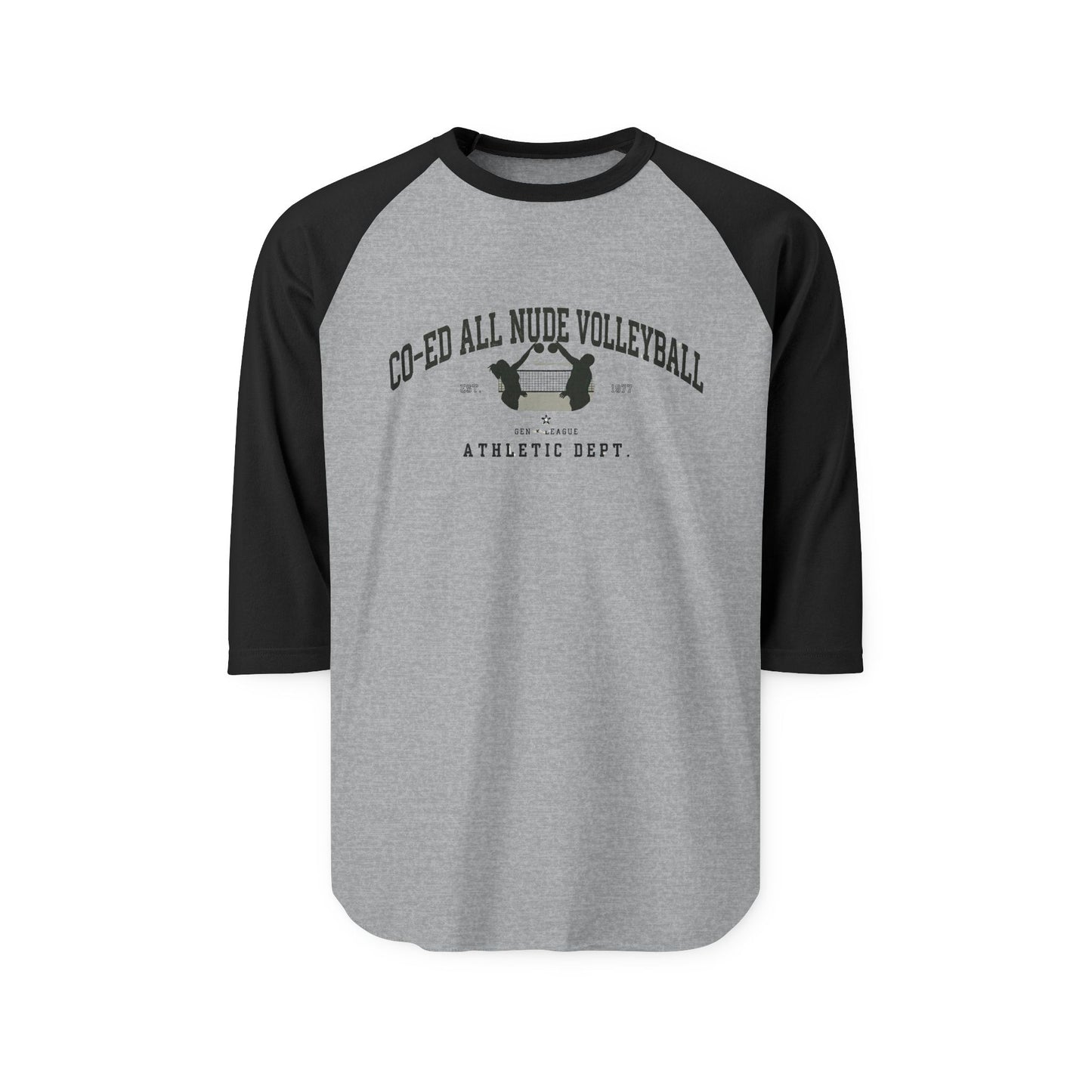"Co-Ed All Nude Volleyball” Raglan Athletic Tee