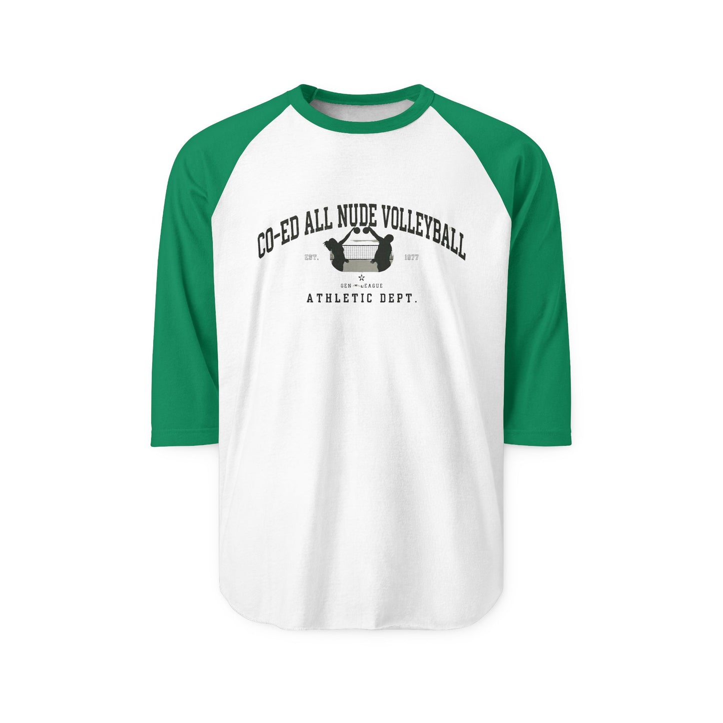 "Co-Ed All Nude Volleyball” Raglan Athletic Tee