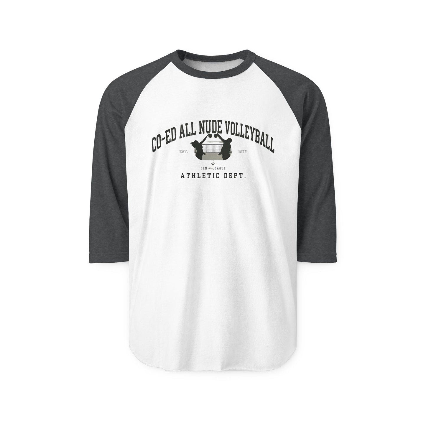"Co-Ed All Nude Volleyball” Raglan Athletic Tee