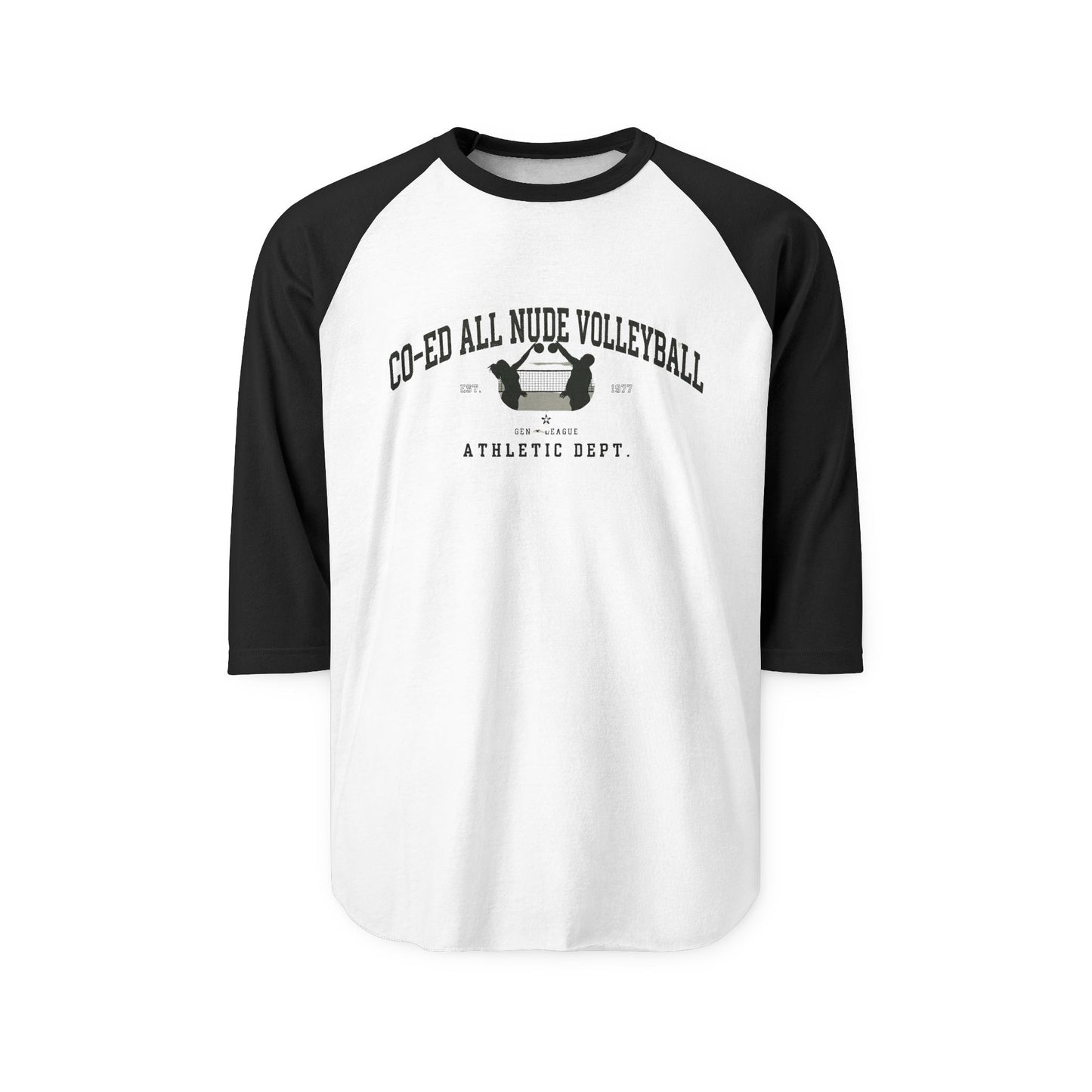 "Co-Ed All Nude Volleyball” Raglan Athletic Tee