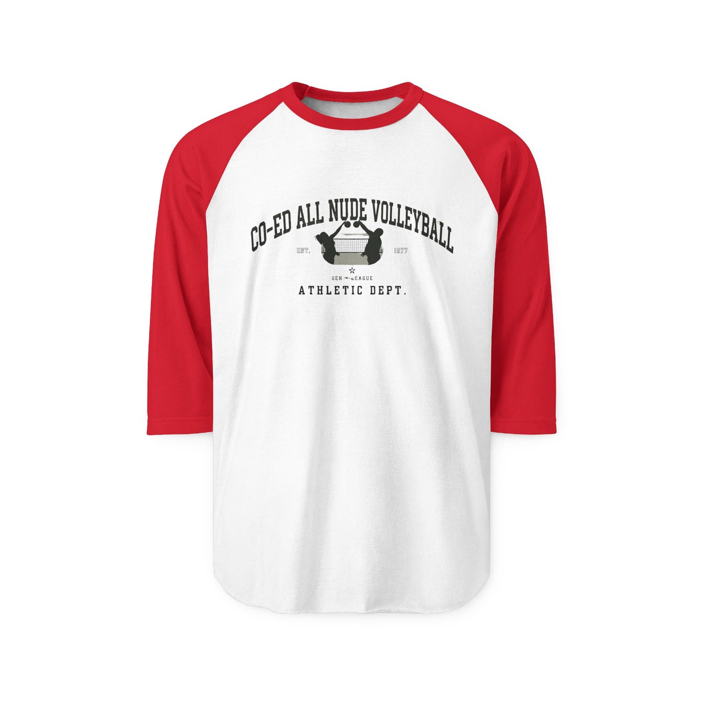 "Co-Ed All Nude Volleyball” Raglan Athletic Tee