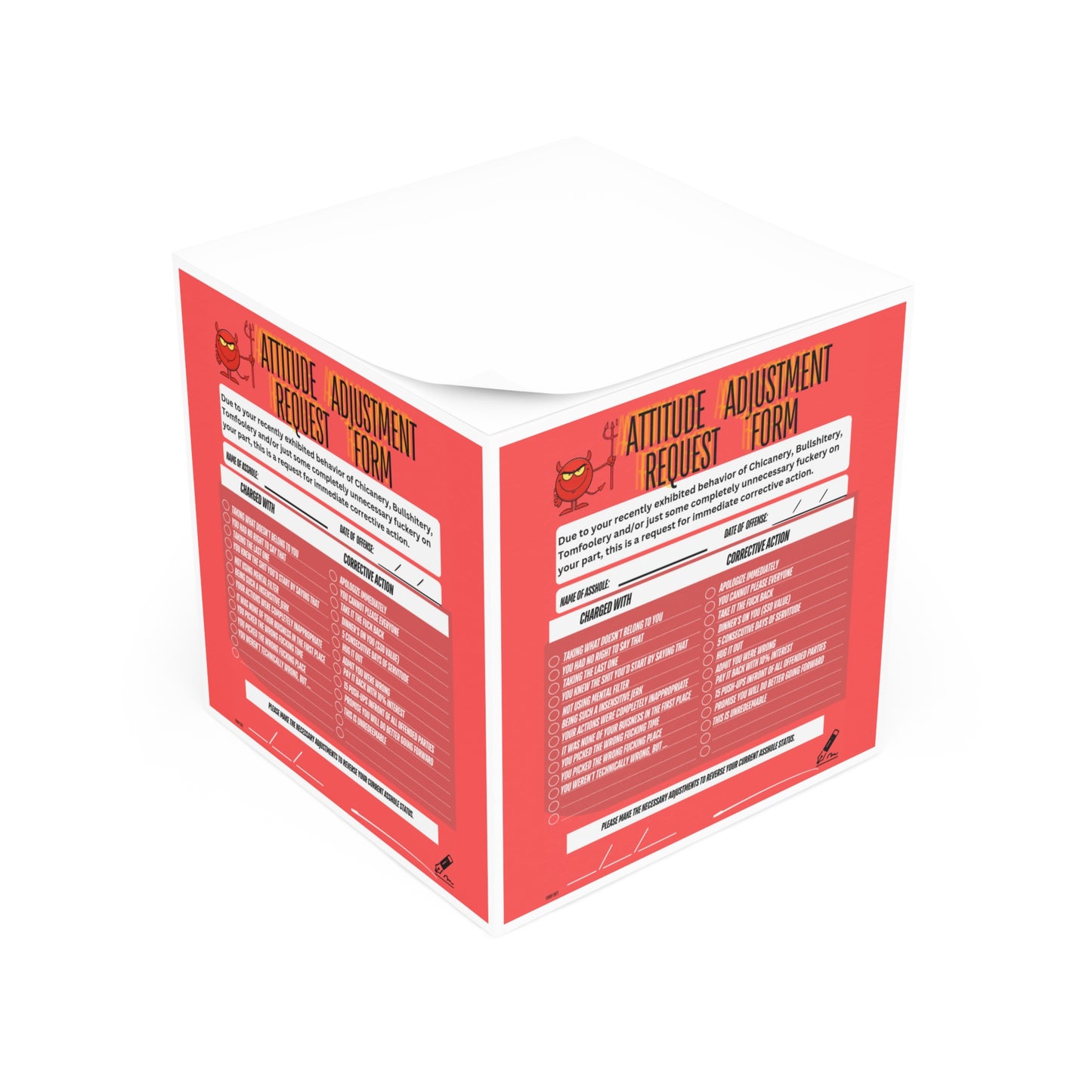 Attitude Adjustment Request Form Note Cube — Funny Office Desk Memo Pad