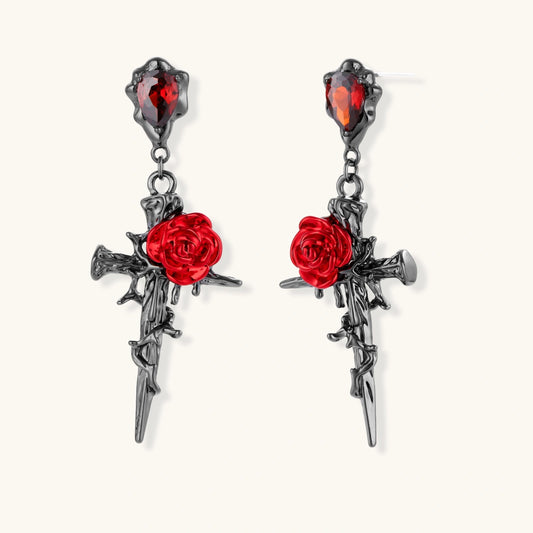 Gothic dagger earrings with red enamel roses and thorny vines in dark gunmetal finish with red zirconia stones