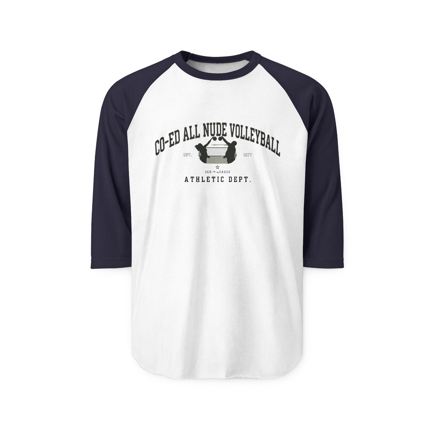 "Co-Ed All Nude Volleyball” Raglan Athletic Tee